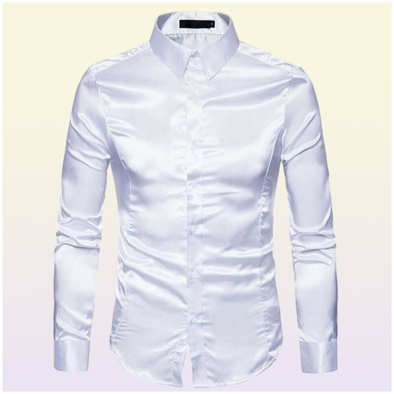 Camisa de seda homens de cetim Men Smooth Men Smooth Tuxedo Business Camisa para homens Casual Slim Fit Shiny Gold Wedding Dress Shirts 2106103825874