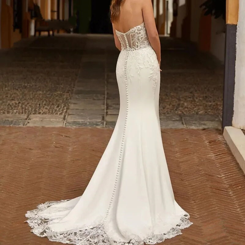 Bohemian Mermaid Satin Wedding Dresses For Women Sweethearts Lace Detachable Train Button Bridal Gown Sexy Backless