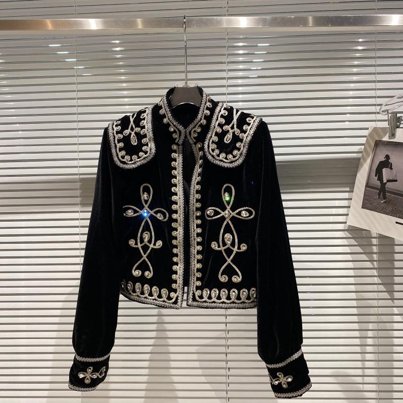 Autumn new women's stand collar royal style embroidery floral velvet fabric fashion jacket coat SMLXLXXL