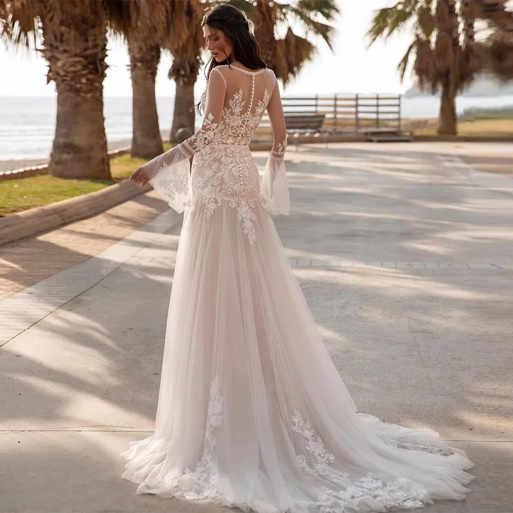 Boho Long Flare Sleeves Lace Appliques Weeding Dress Deep V-Neck Side Split A-Line Illusion Back Beach Bridal Gowns