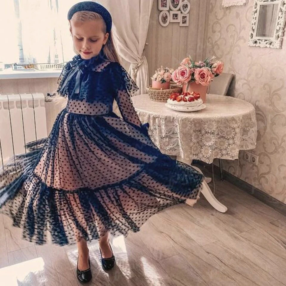 Robes à fleurs en Tulle à pois pour filles, manches longues, avec ceinture à nœud, robe de sainte Communion, robe d'anniversaire pour enfants, couleur personnalisée