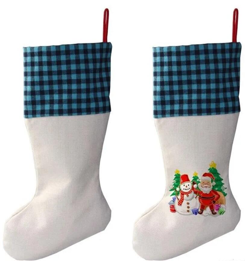 Sublimation Buffalo Plaid Bas de Noël Blanc Noël Bonbons Chaussettes Sac Cadeau Santa Bas Arbre Décorations de Noël expédition rapide GG1019