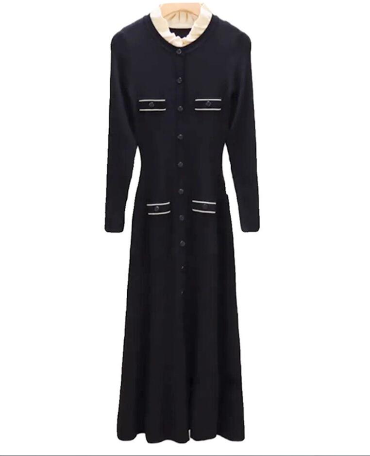 Fadan San Dro 2023 Autumn/Winter New Long Sticked Dress Women's Contrast Wood Ear Edge Round Neck Classic Little Black Dress