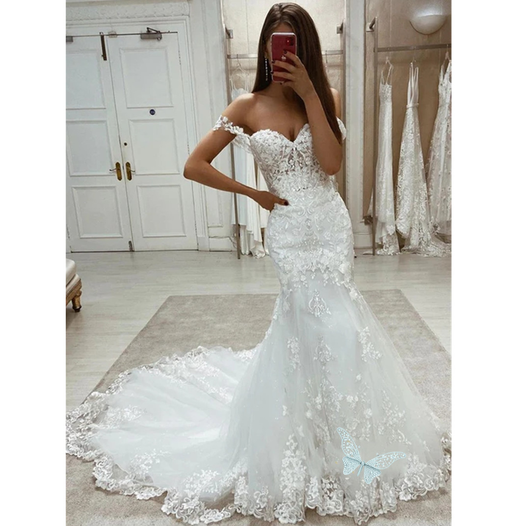 Lace Mermaid Wedding Dresses Spaghetti Straps Bridal Gowns Tiered Ruffles Sweep Train Robe de Soiree Mariage