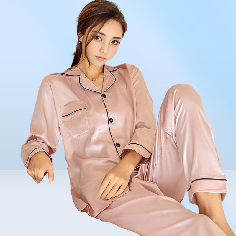 Novo design de inverno feminino pijamas de seda conjunto feminino manga comprida pijama terno casa wear simples cardigan marca pijamas set8177269