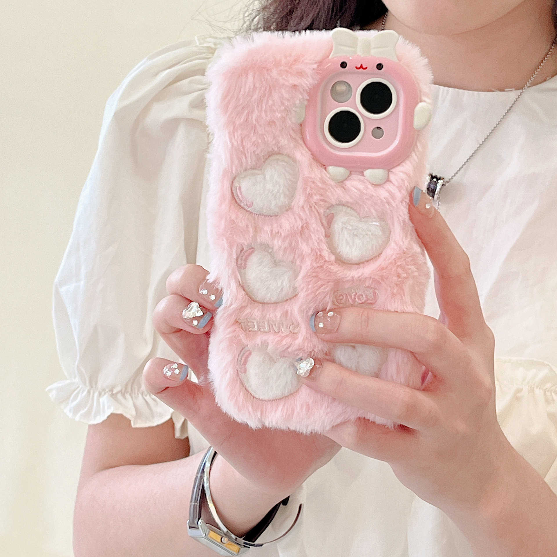 Mobiltelefonfodral Apple 14Pro Plush Phone Case Cartoon TPU Love Cat Brodery Autumn och Winter Lämplig iPhone 15 Casel2310/16