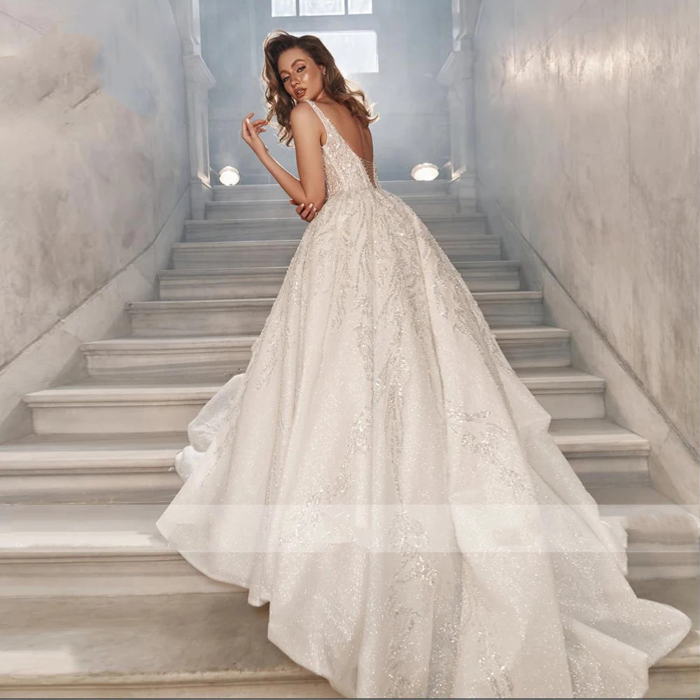 A-line Sparkly Wedding Dresses Square Collar Sleeveless Vestido de Novia Brodery Sequined Luxury Robe de Mariee