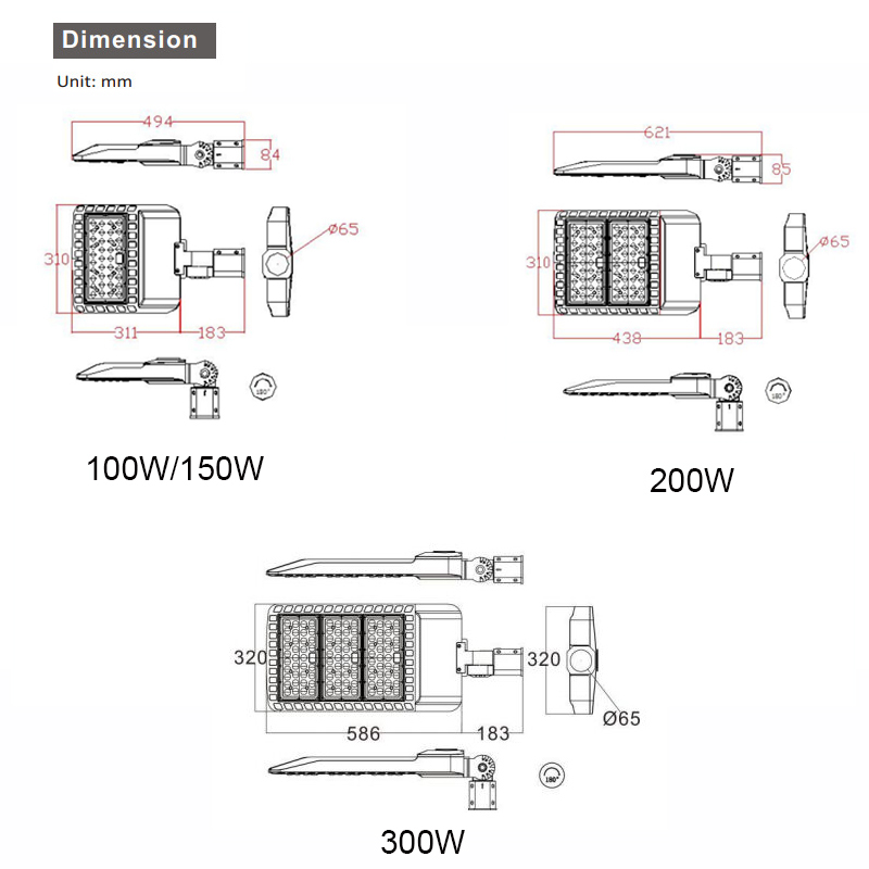 Le parking de 100W 200W 300W LED allume le poteau de boîte à chaussures de rue allume l'éclairage de sécurité d'inondation de zone commerciale extérieure imperméable IP65 130LM/W du crépuscule à l'aube