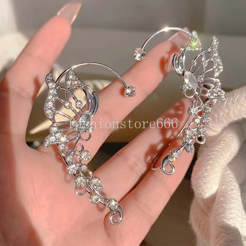 Sparkling Butterfly Earring For Women Rhinestone Crystal Ear Clip Buckle Without Piercing Earring Party Wedding Ear Jewelry