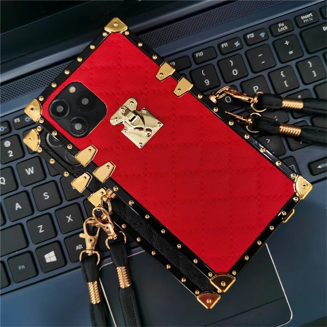 Luxe ontwerp geruit lamsleer PU lederen vierkante cover Lanyard-hoesjes voor iPhone 15 14 Pro Max 11 12 13 PRO MAX X XS XR 14Plus Samsung Galaxy S23 S22 S21 Ultra Note 20 10 hoesje