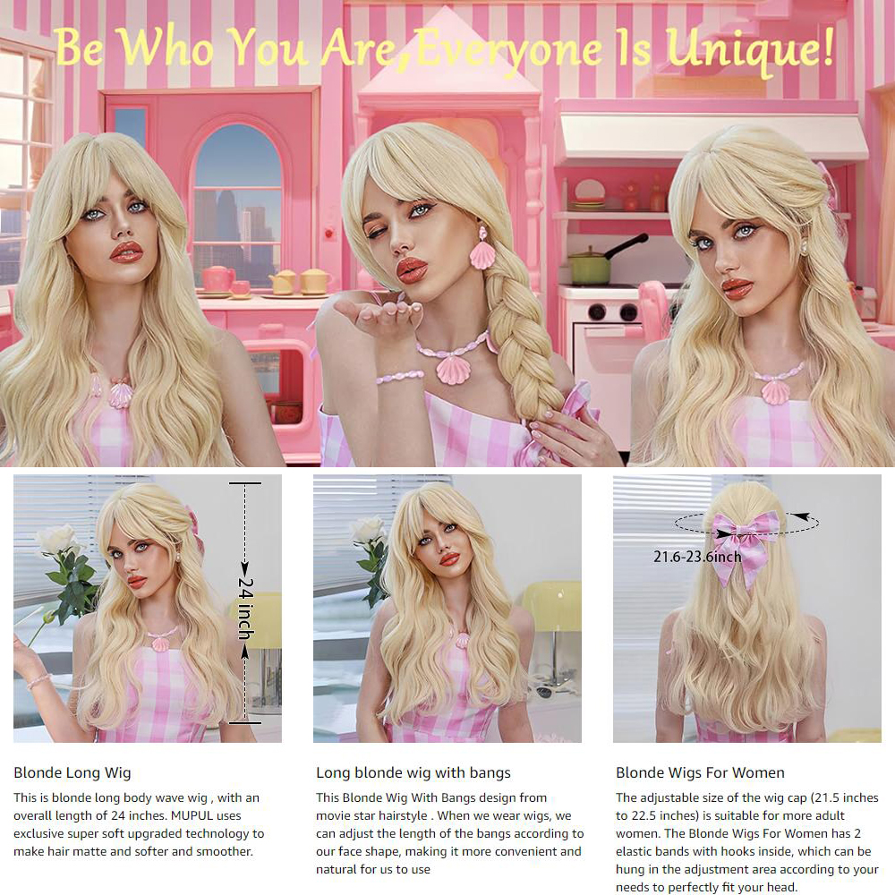 Blonde Barbe Pruik Lang Haar Pruik met Pony Natuurlijke Leuke Synthetische Lange Body Wave Pruiken voor Kostuumfeest