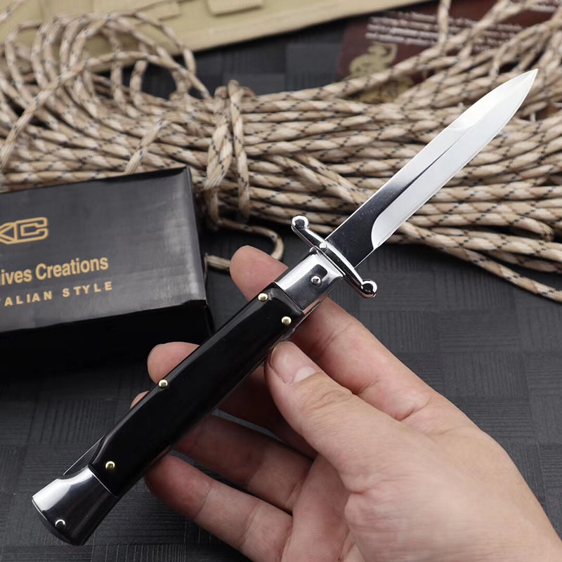 US Italian Style 9 Inch Black Horn Handle Automatic Pocket Knife Guardian Sacred Single Action Self Defense Hunting Auto Folding Knives UT85 9000 5370 110 112