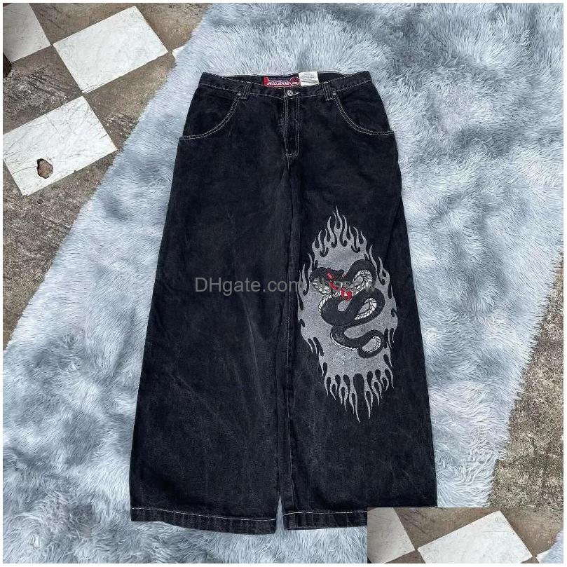 Designer Mens Jeans Streetwear Jnco Y2k Hip Hop Cartoon Graphic Print Vintage Baggy Black Pants Men Women High Waist Wide Leg Trousers Drop d