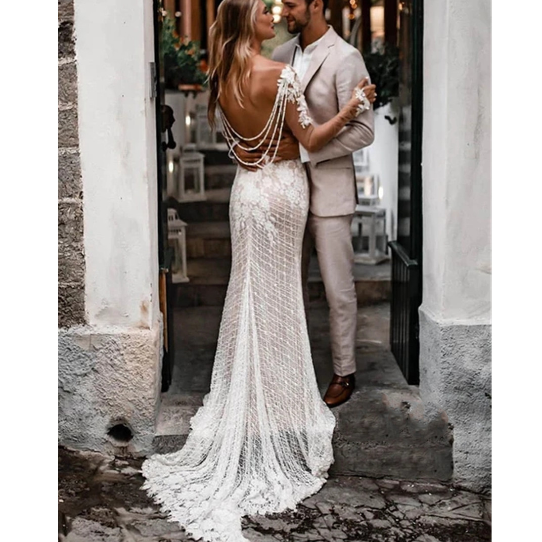 Vestidos de Novia de sirena de tul de manga larga, apliques de encaje floral con cuello en V, vestido de Novia blanco, vestidos de Novia con listones