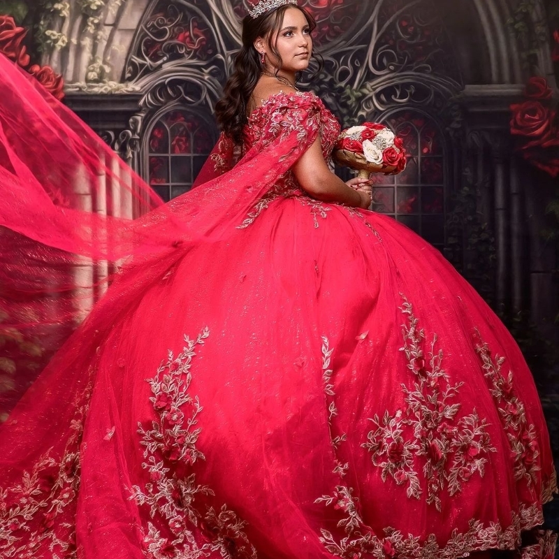 Robe de bal en tulle princesse brillante rouge sur l'épaule robes de Quinceanera Meninas Appliques 3DFlower avec Cape Ballkleid Robes De 15 Anos