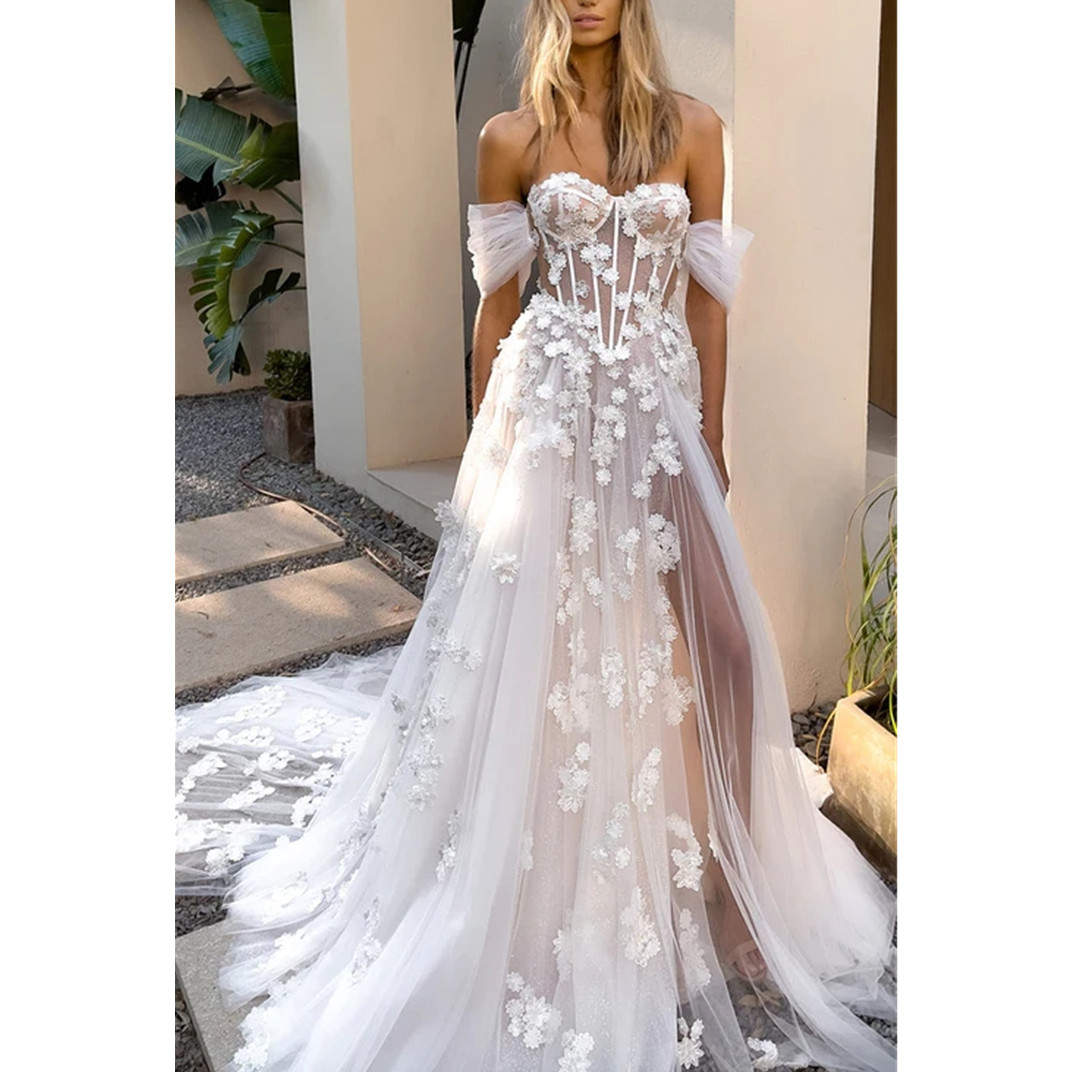 Off The Shoulder Lace Wedding Dress Beach Women Illusion Back Appliques V-Neck A-Line Bridal Gown Tulle Vestidos
