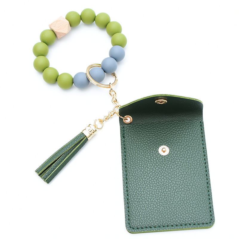 Bracelet en bois de chaîne de perles de gland avec sac de carte d'identité porte-clés bracelets de perles de silicone de qualité femmes fille porte-clés chaîne dragonne pendentif en cuir cadeaux de fête DH