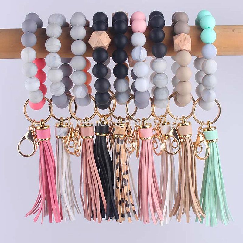 New Silicone Keychain DIY Key Tassel Wood Beads Bracelet Keyring Girl Women Accessories Multicolor Keychain Wholesale Hot Sale