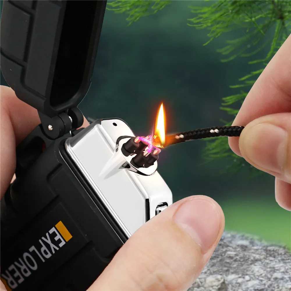 Lighters Waterproof Double Arc Lighter USB Rechargeable Windproof Plasma Lighter Outdoor Camping Flameless Smoking Accessories