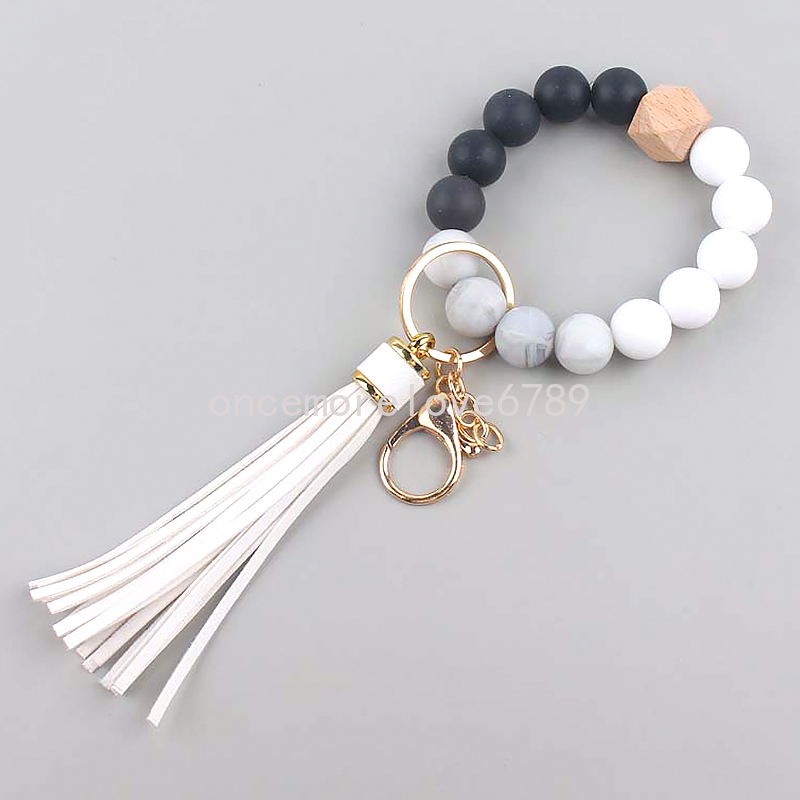 New Silicone Keychain DIY Key Tassel Wood Beads Bracelet Keyring Girl Women Accessories Multicolor Keychain Wholesale Hot Sale