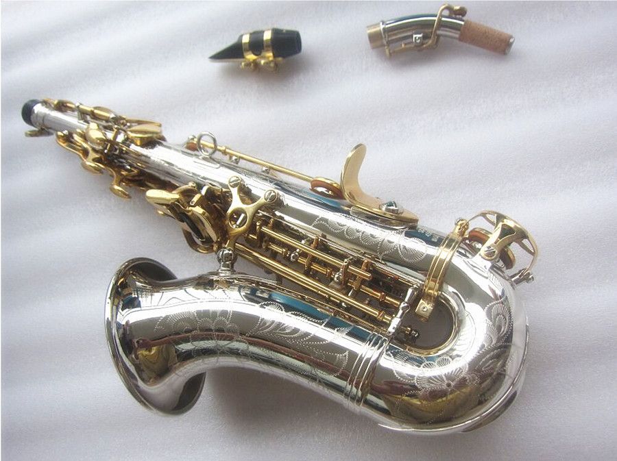 Saxofone soprano curvo de qualidade B, saxofone banhado a prata e níquel de latão plano com boquilha de caixa
