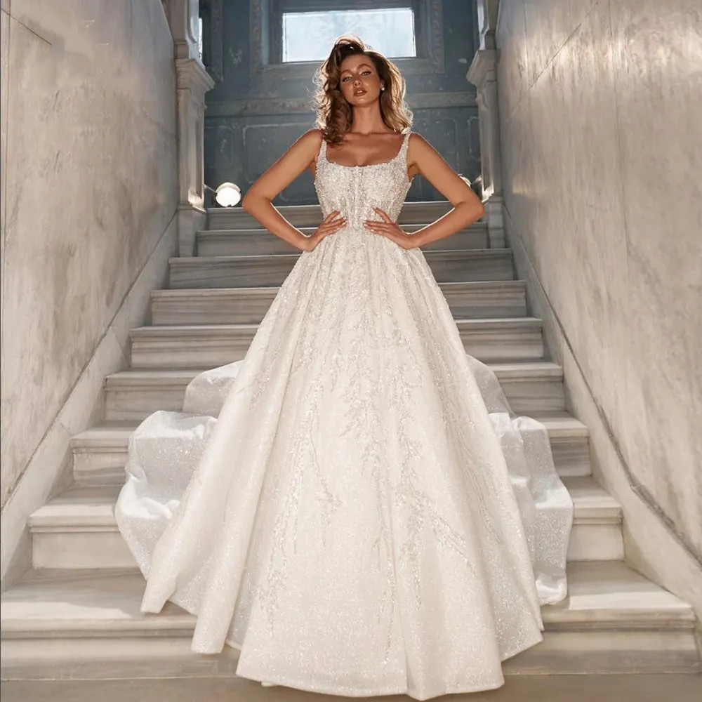 A-line Sparkly Wedding Dresses Square Collar Sleeveless Vestido de Novia Brodery Sequined Luxury Robe de Mariee