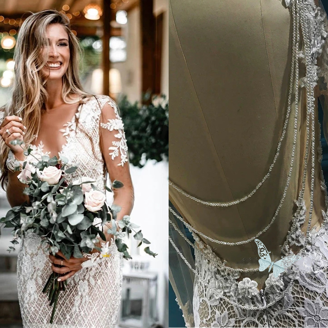 Vestidos de Novia de sirena de tul de manga larga, apliques de encaje floral con cuello en V, vestido de Novia blanco, vestidos de Novia con listones