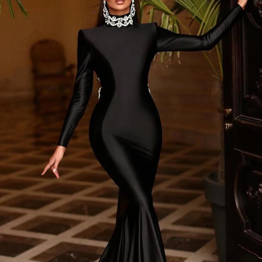 Modern Black Satin Mermaid Prom Beading Crystal Open Back Long Sleeves High Evening Dresses Formal Party Gown Dubai Robe Soiree