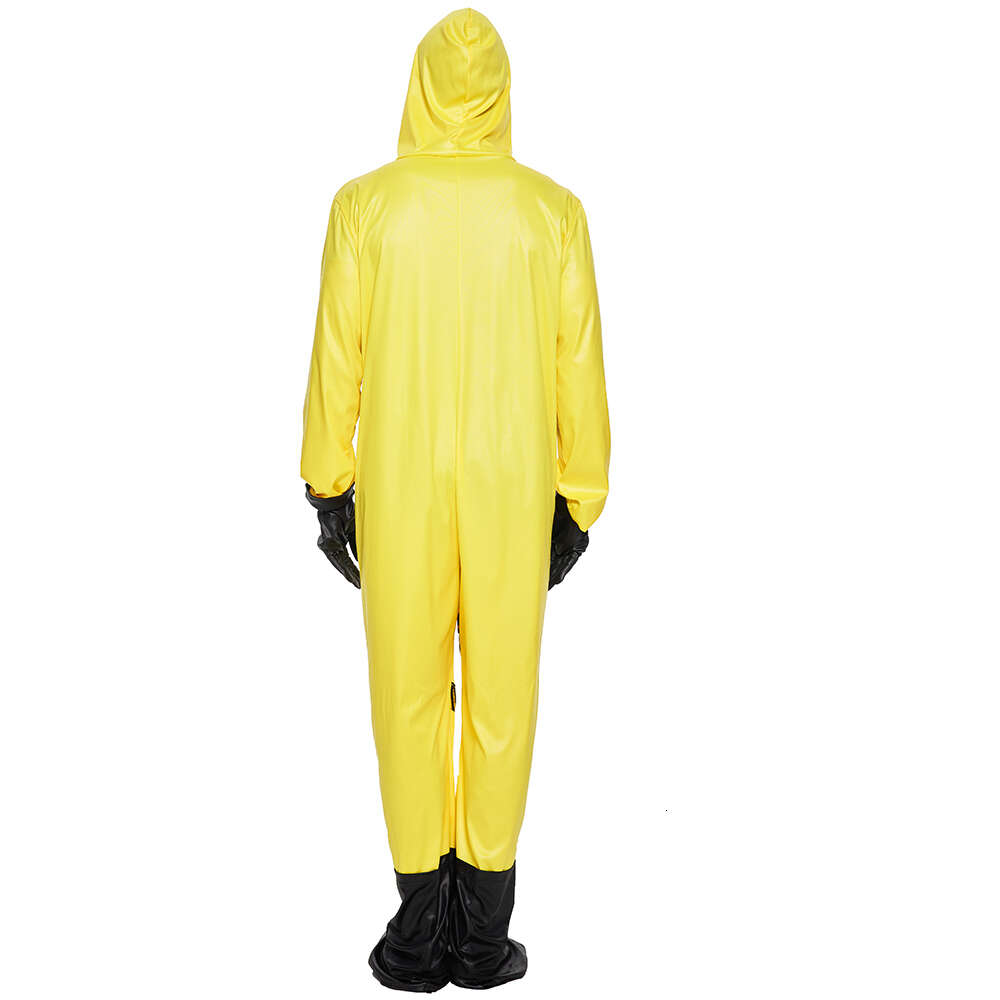 コスプレeraspookyバイオハザードユニフォームガスマスクハロウィーンコスチュームフードパーティーゲームルームエスケープnpc propscosplayを備えた黄色いジャンプスーツ