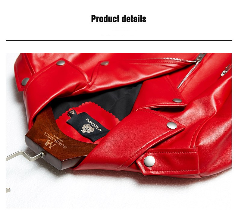 2023 Autumn New Red äkta läderrock Kvinnor Short Fit Flip Collar High midja Motorcykel Small Läderjacka