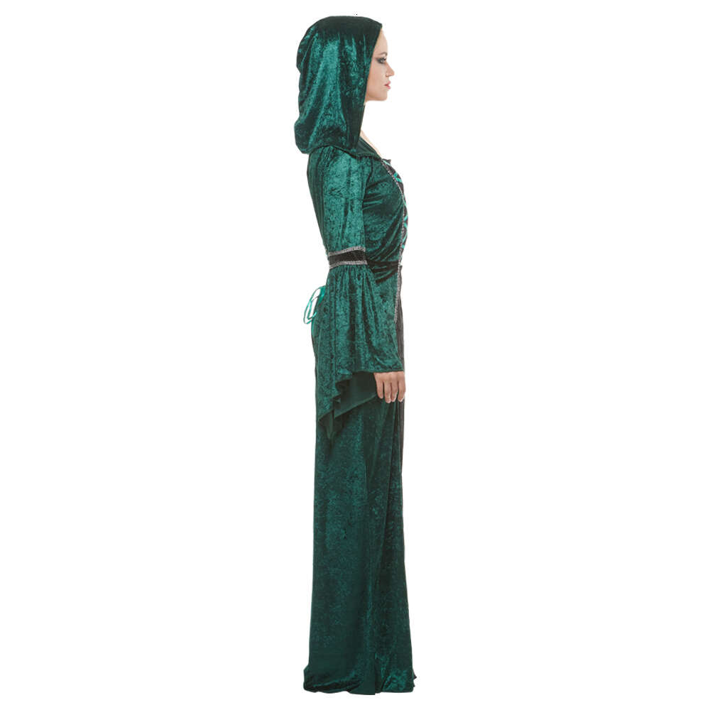 cosplay Eraspooky Costume da mago medievale donne Costume da strega verde smeraldo Abiti cosplay Halloween Abito da dea Victoria con cappuccio Carnevalecosplay