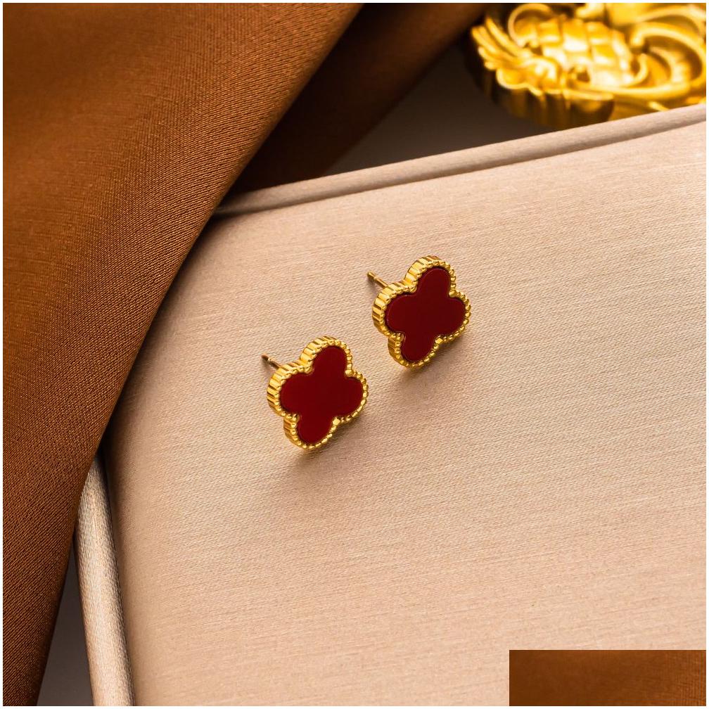 Stud 18K Gold Placed Luxury Designer Stud arring 4/Four Leaf Clover Jewelry Mashion Charm Women Wedding Hight