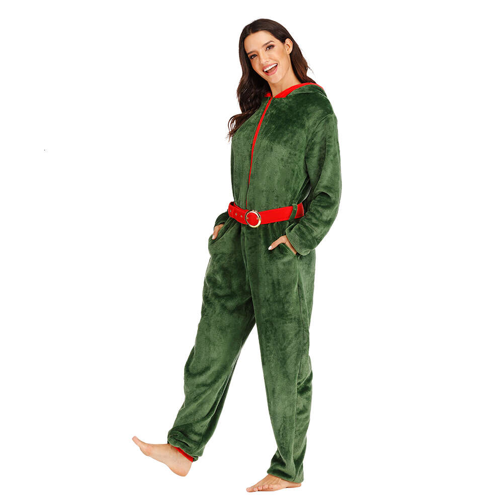 Cosplay Eraspooky Women Christmas Costume Santa Elf Onesie Zielone Pamas z kapturem Pamas dla dorosłych Wygodne zamek błyskawiczne