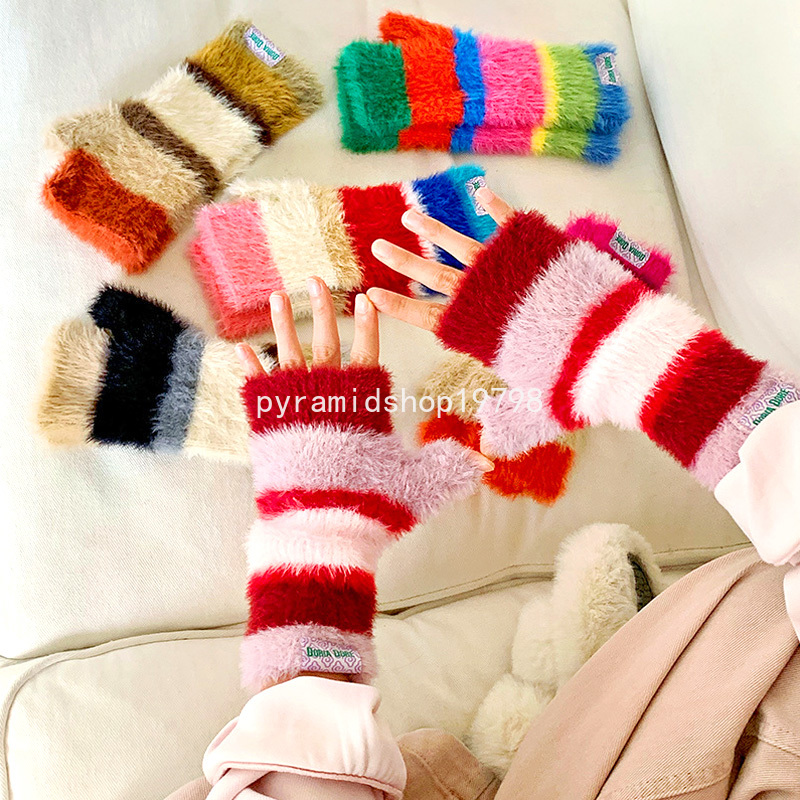 Girls Colorful Stripe Gloves Autumn And Winter Thickened Plush Warm Gloves For Women Wrist Mittens Girl Student Knitted Gloves