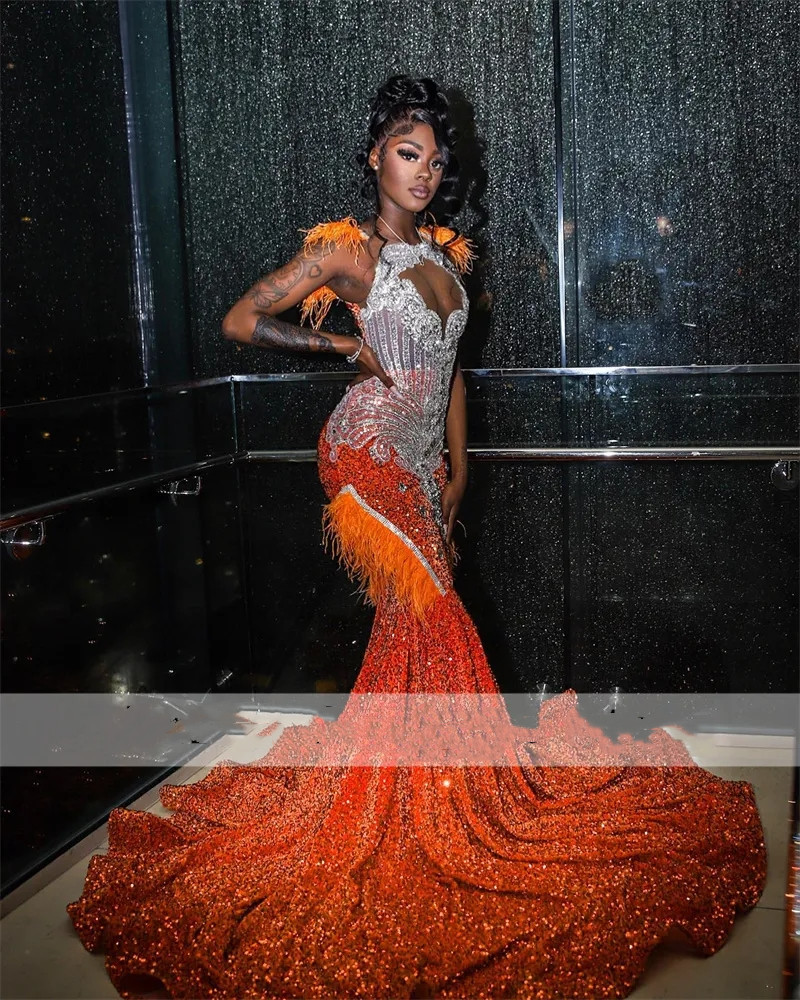 Sparkly Orange Mermaid Prom Dress 2024 For Black Girls Glitter Bead Crystals Feathers Luxury Evening Party Gown Robe De Bal