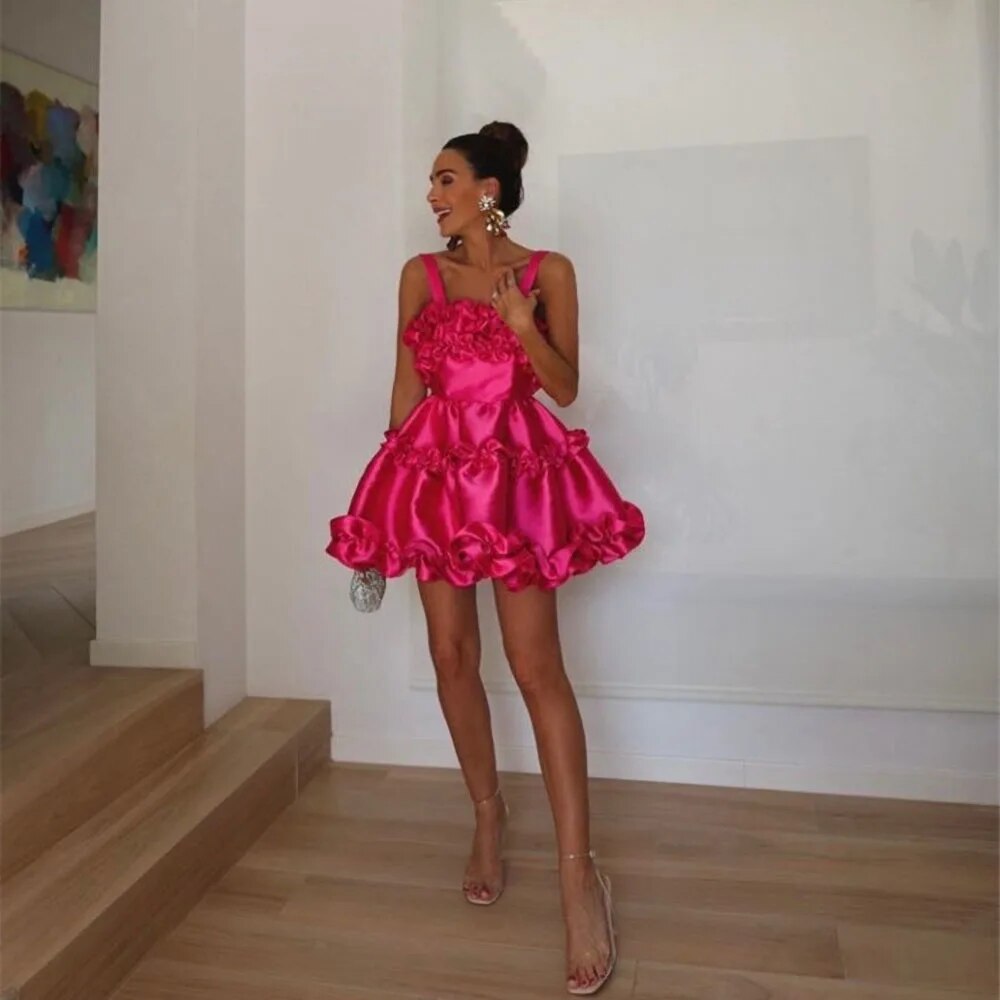 Fuschia Satin Homecoming Puffy Ruffles Special Resply Desing Mini Cocktail Party Custom Made Robe DE