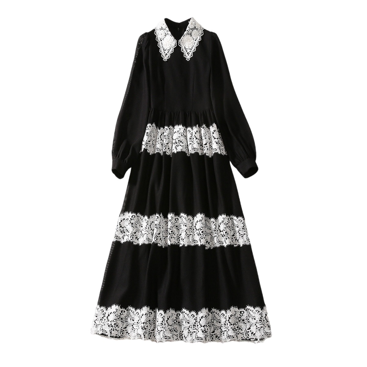 2023 Autumn Black Contrast Color Panelled Lace Dress Long Sleeve Lapel Neck Midi Casual Dresses S3O141011