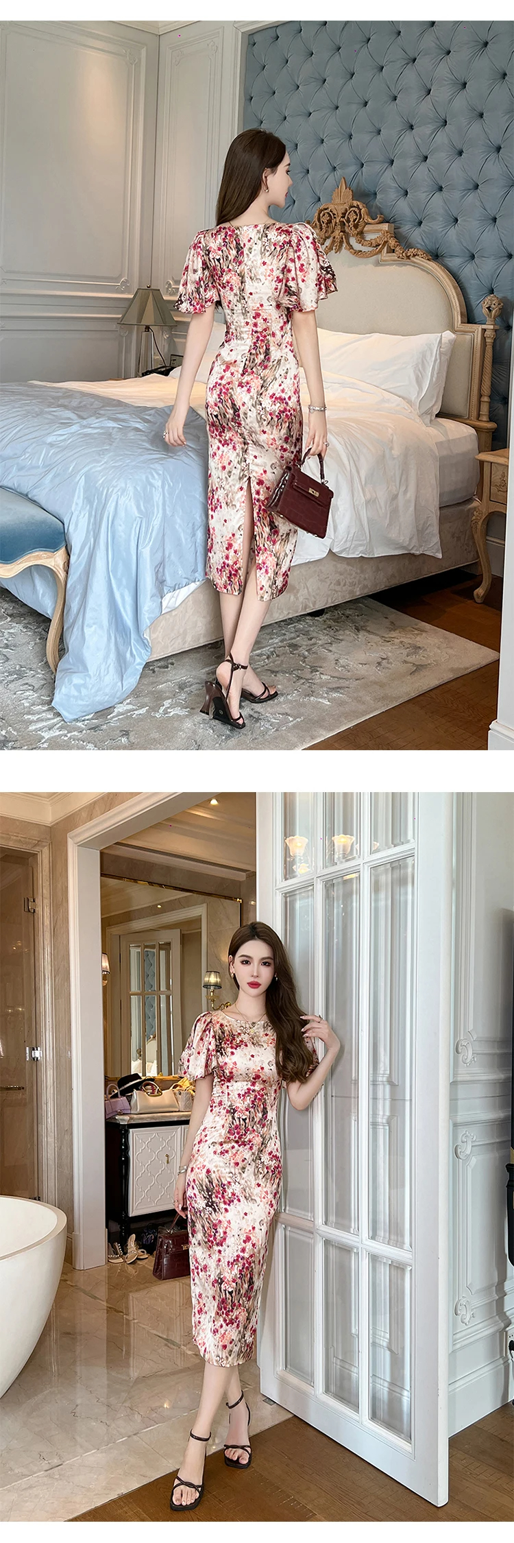 Basic Casual Women Dresses Women Elegant French Retro Maxi Dress Woman Flower Puff Sleeves Skinny Slit Long Robe Party Vestido Prom Banquet Gown Femme 2024