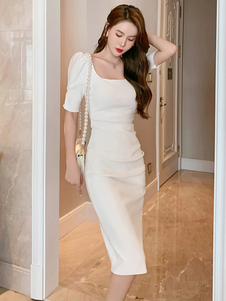 Basic Casual Women Dresses Summer Dress Women Simple Elegant Sexy White Black Bubble Sleeve Skinny Midi Dress Backless Bodycon Gown Holiday Vestidos 2024