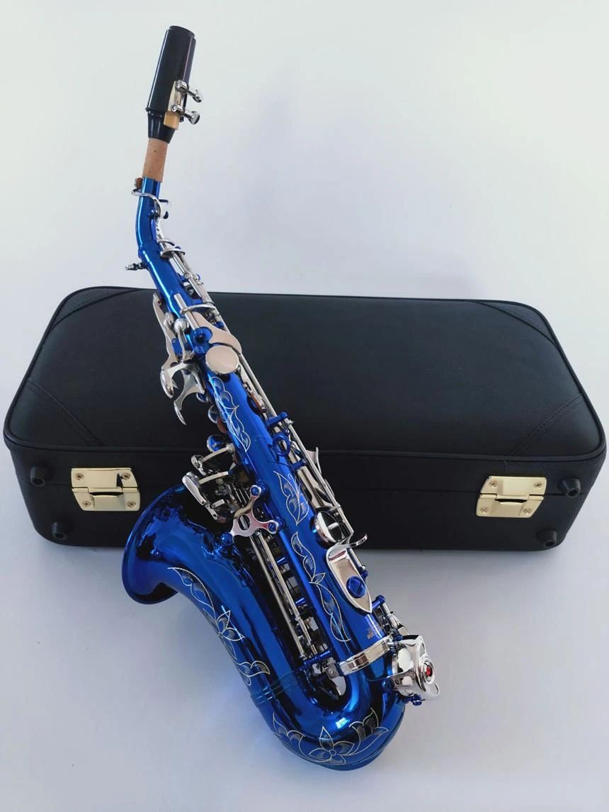 Novo saxofone soprano curvado azul 991 b, instrumento de jazz, superfície de chave banhada a ouro, não desbota, saxo soprano profissional 01