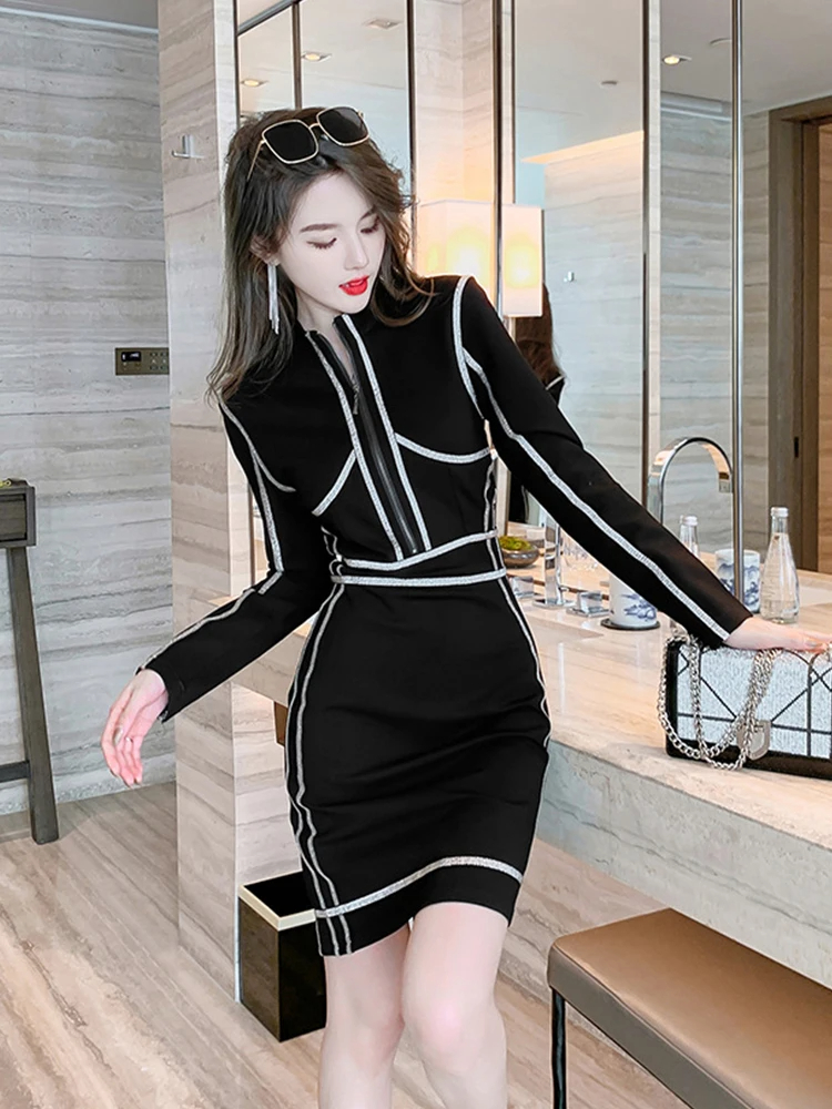 Basic Casual Women Dresses Fashion Trend Elegant Dresses for Women Black White Stitching Long Sleeve Mini Dress Office Street Bodycon Gown Vestidos 2024