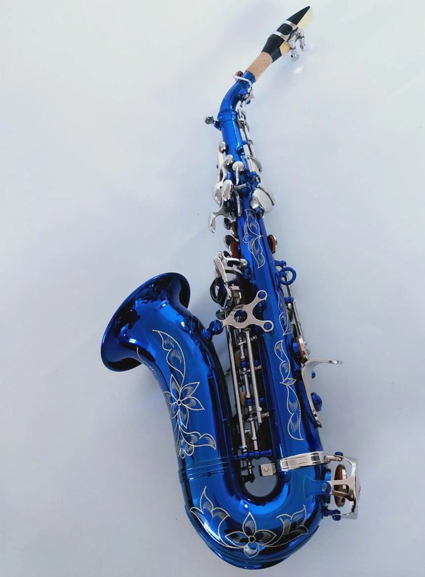 Novo saxofone soprano curvado azul 991 b, instrumento de jazz, superfície de chave banhada a ouro, não desbota, saxo soprano profissional 01