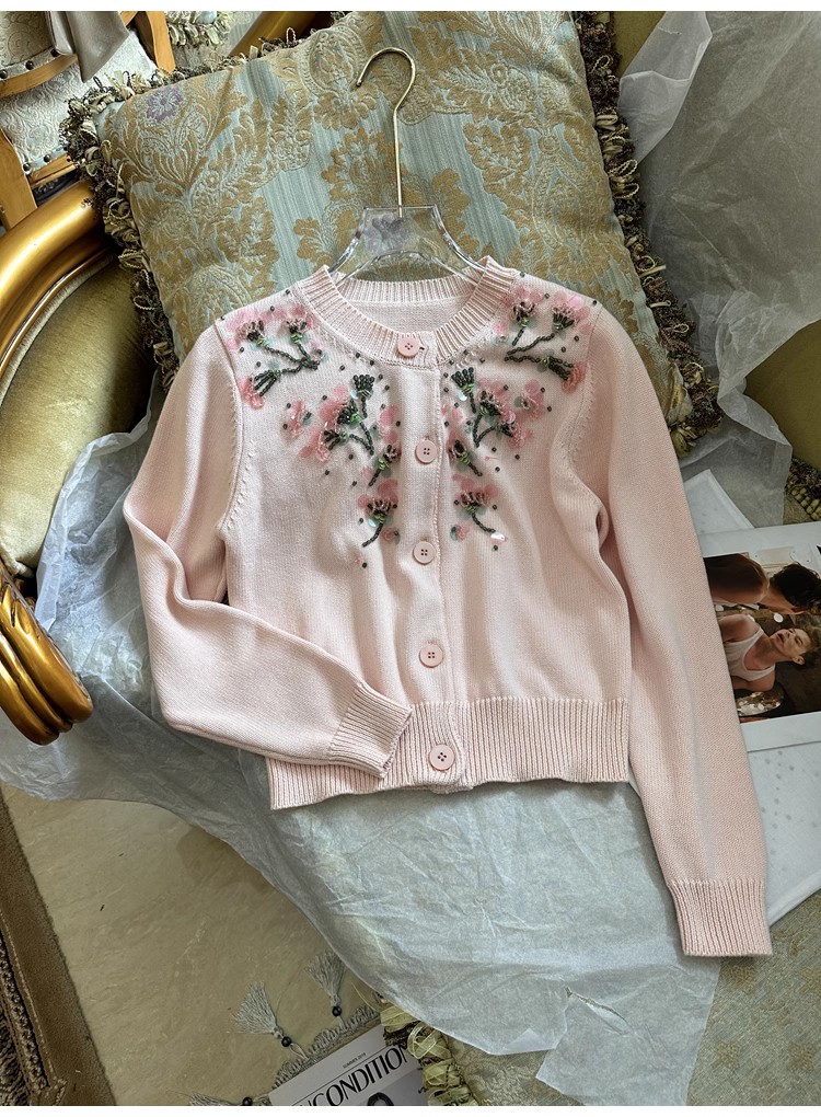 Cardigan perlé rose de couleur unie, pull à manches longues, col rond, tricoté avec paillettes, simple boutonnage, hauts WS3O21, automne 2023