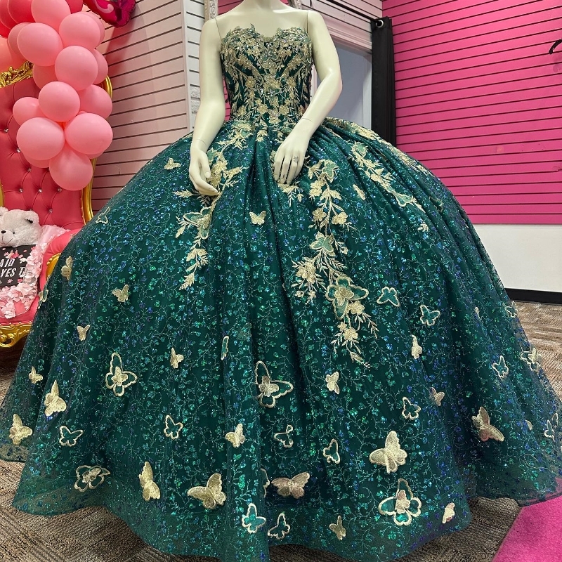 Robe de bal chérie vert noirâtre brillant quinceanera robes douce 16 robe or applique arc princesse anniversaire robe d'occasion formelle