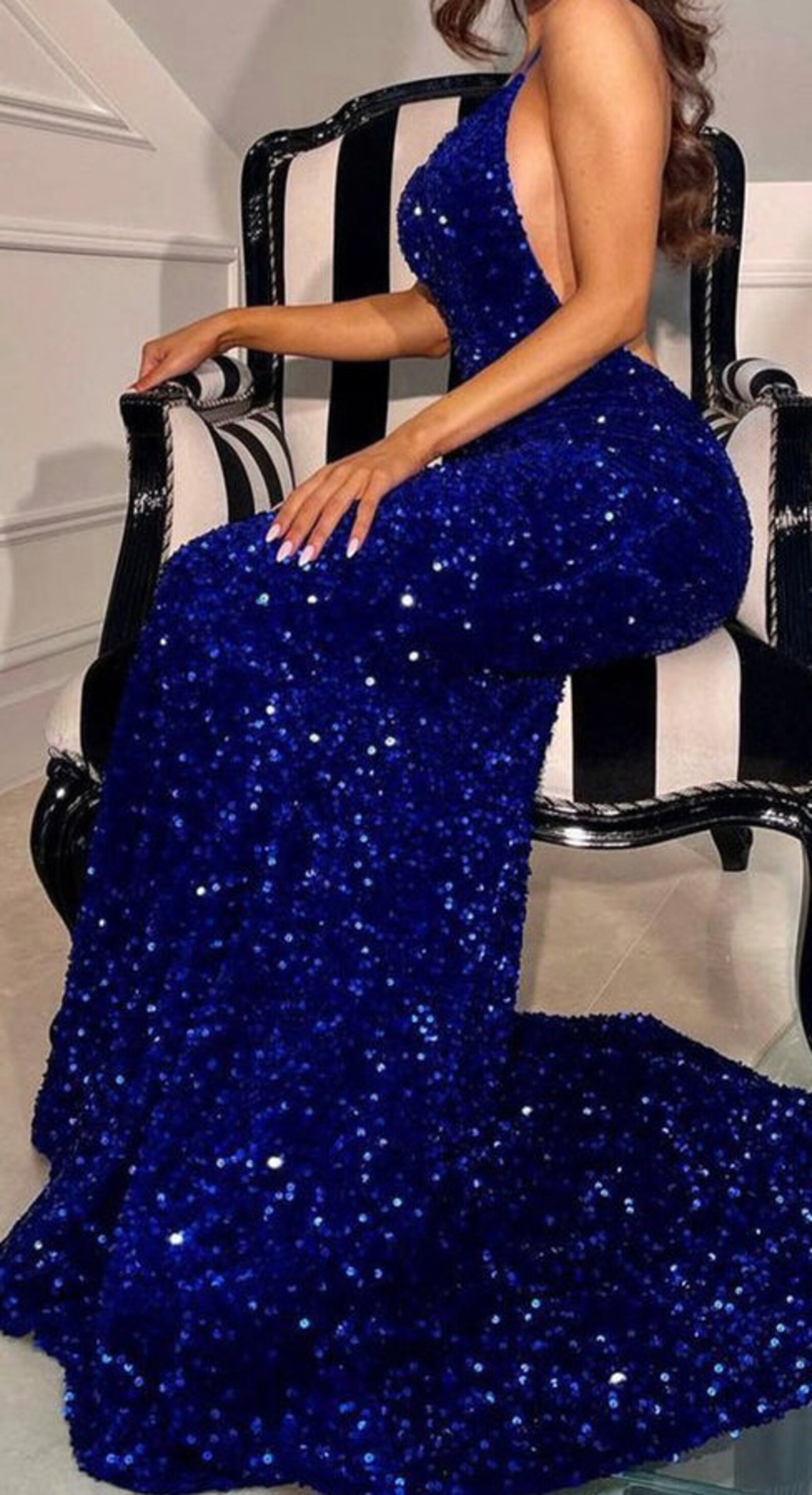 Royal Blue Seqeuined Evening Dresses For Women One Shoulder Sexy Hollow Side Split Special Occasion Party Gowns Sweep Train Mermaid Second Reception Dress CL2796