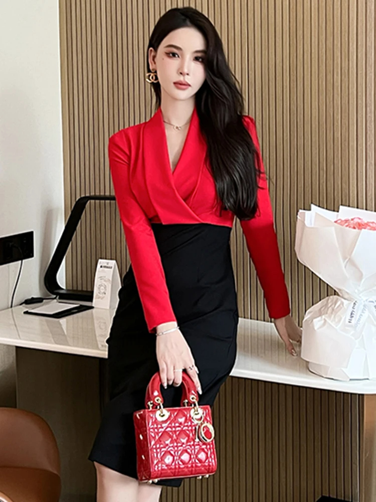 Basic Casual Women Dresses Summer Spring Elegant Midi Dresses for Women Office Lady Profession Dress Red Black Panelled Slim Vestido Business Robe Female 2024