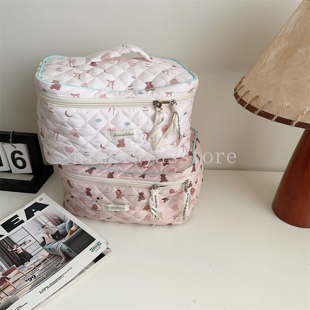 Cartoon Print Women's Pink Cosmetic Bag Cute Floral Female Girls Travel Storage Bags Portable Female Makeup Case Large Handbags