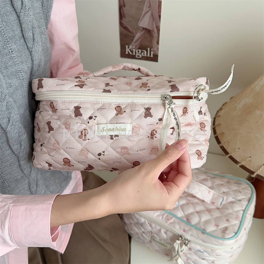 Cartoon Print Women's Pink Cosmetic Bag Cute Floral Female Girls Travel Storage Bags Portable Female Makeup Case Large Handbags