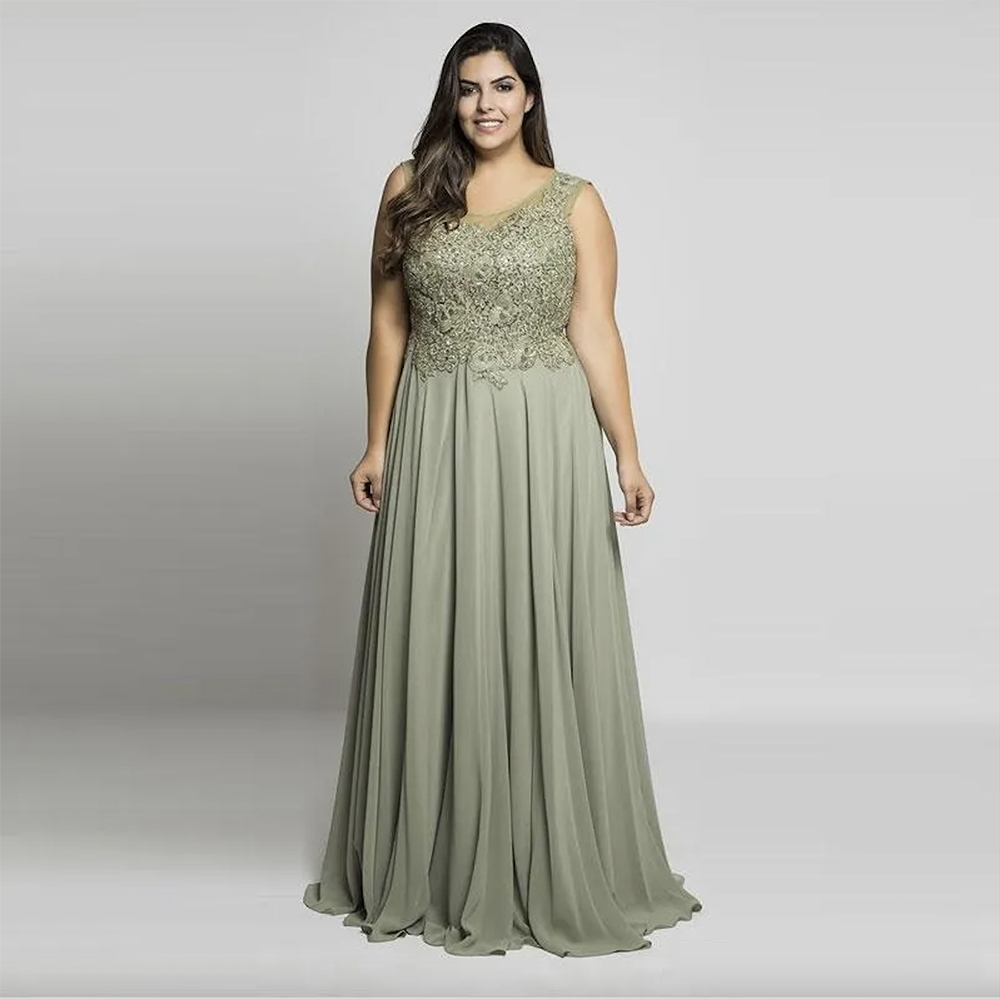 Stunning Plus Size Lace Mother Prom Dresses Sheer Scoop Neck Sequined Evening Gowns A-Line Floor Length Long Chiffon Formal Dress