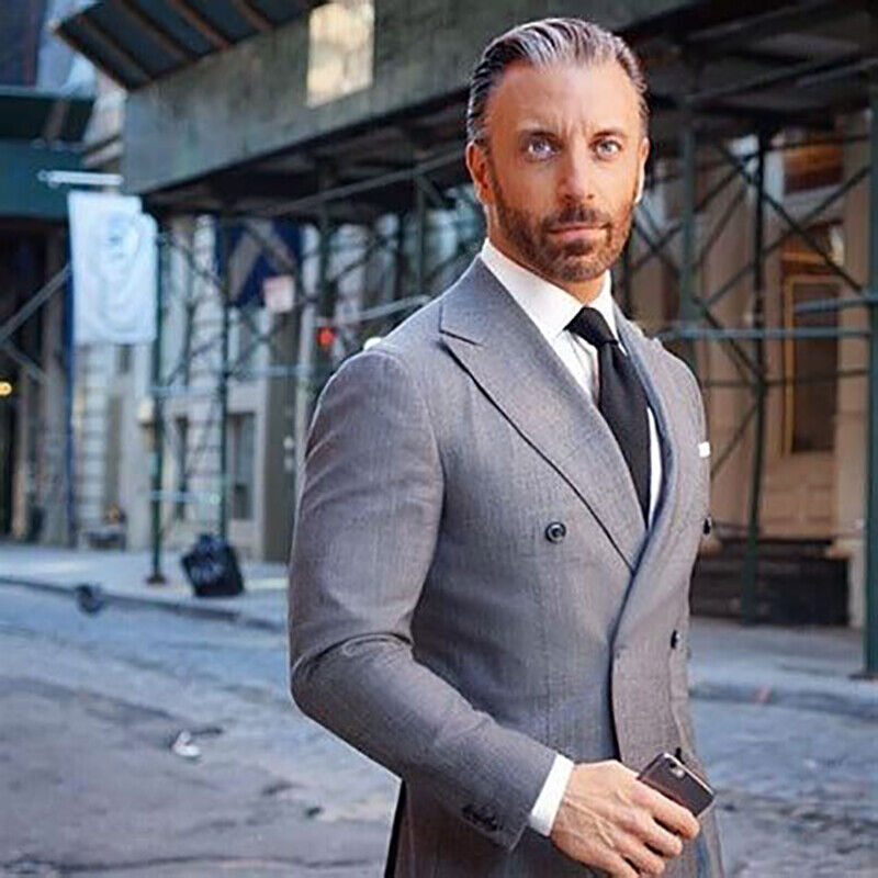 Dark Grey Men Business Suit Blazer Pants Double Breasted Formal Workwear Wedding Groom Tuxedo Slim Fit Jacket